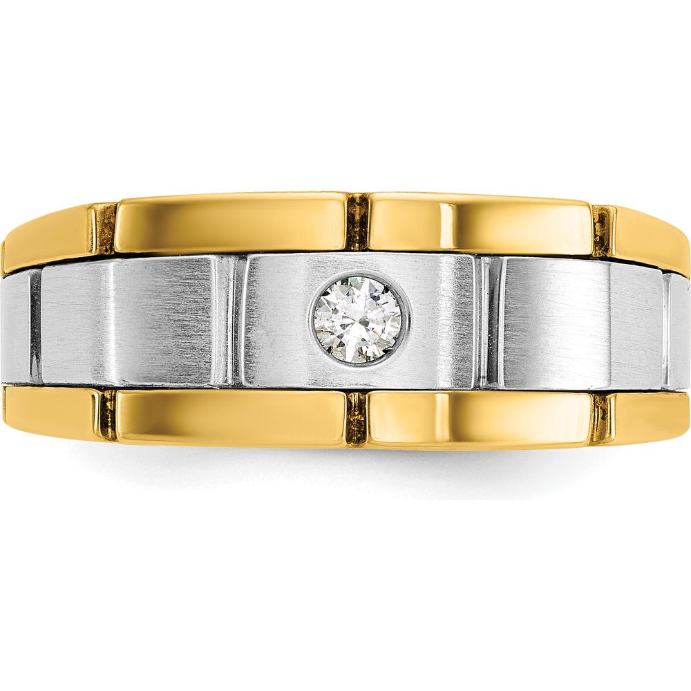 14K Two-Tone Men's Grooved Diamond Ring with Round Faceted 1/10 Carat AA Diamond - 0.103 Carats Total Diamond Weight by IBGoodman