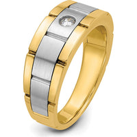 14K Two-Tone Men's Grooved Diamond Ring with Round Faceted 1/10 Carat AA Diamond - 0.103 Carats Total Diamond Weight by IBGoodman