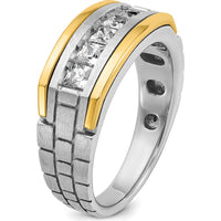 14K Two-Tone Men's Grooved Satin Band with 5 Square Diamonds - 0.209 Carats Total Diamond Weight by IBGoodman