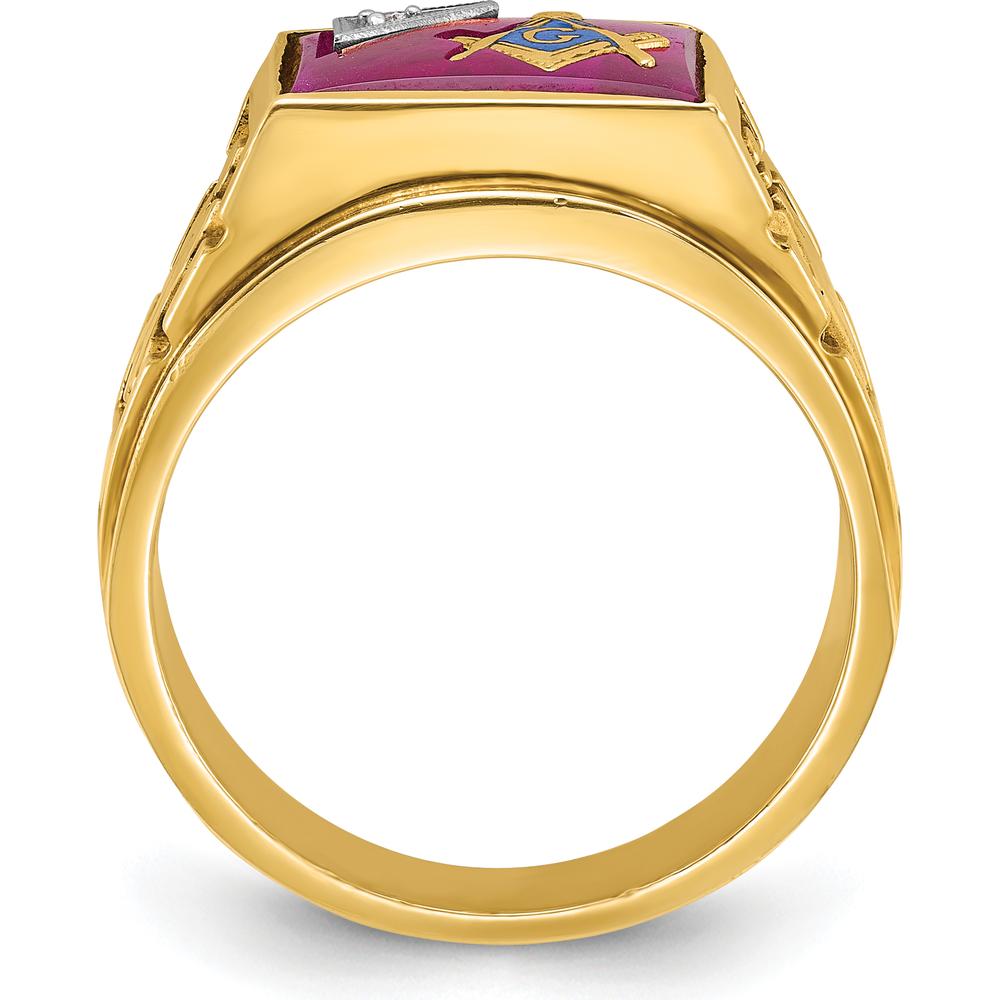 14K Two-Tone Men's Masonic Ring with Lab Created Ruby and Diamond - 0.015 Carats Diamond and 12x10mm Ruby by IBGoodman