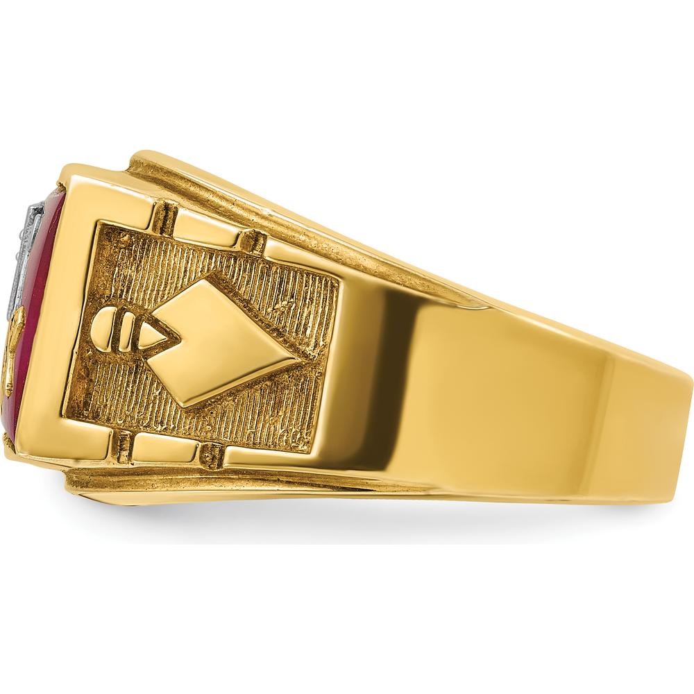 14K Two-Tone Men's Masonic Ring with Lab Created Ruby and Diamond - 0.015 Carats Diamond and 12x10mm Ruby by IBGoodman