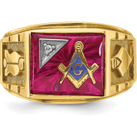 14K Two-Tone Men's Masonic Ring with Lab Created Ruby and Diamond - 0.015 Carats Diamond and 12x10mm Ruby by IBGoodman