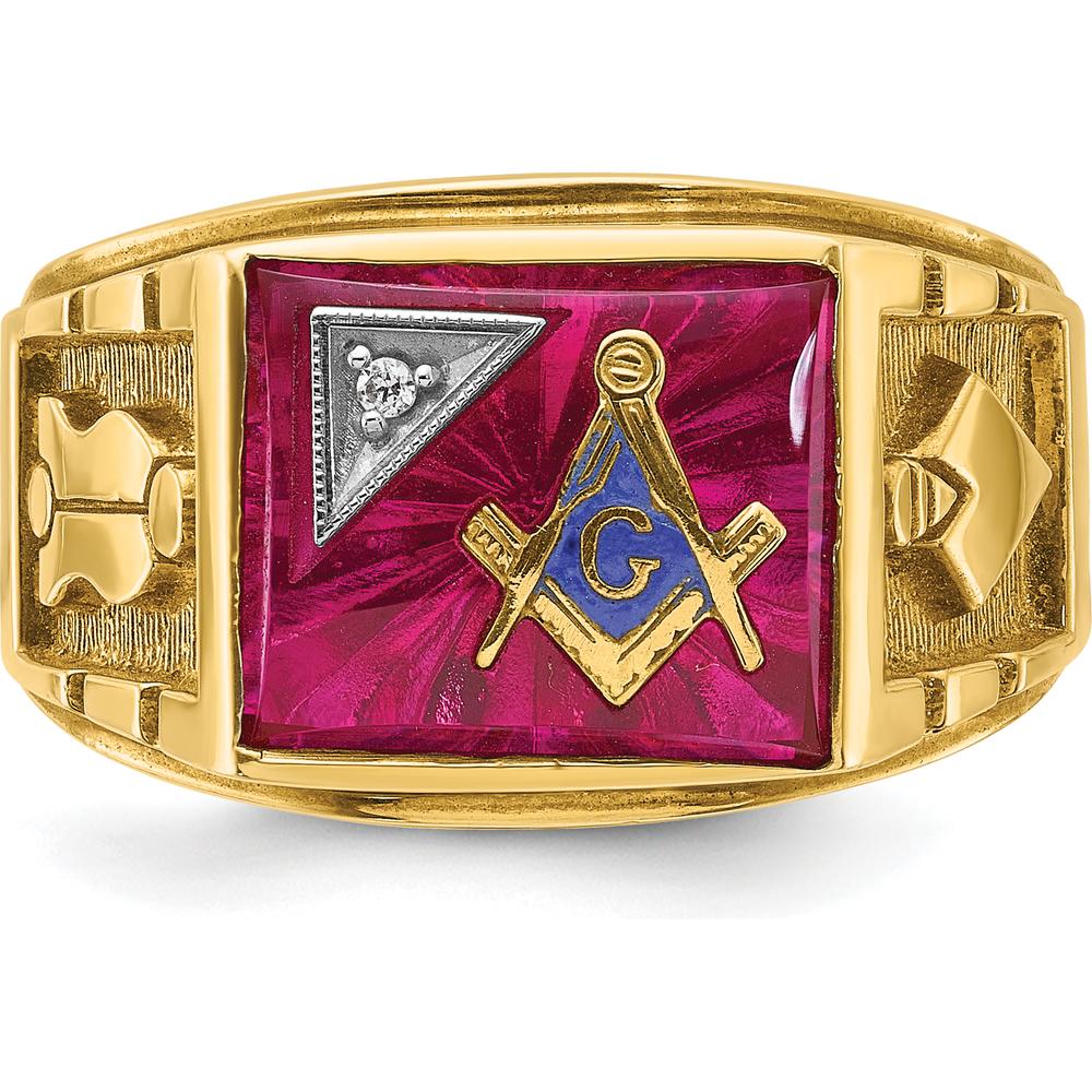 14K Two-Tone Men's Masonic Ring with Lab Created Ruby and Diamond - 0.015 Carats Diamond and 12x10mm Ruby by IBGoodman