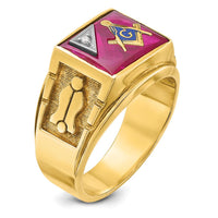 14K Two-Tone Men's Masonic Ring with Lab Created Ruby and Diamond - 0.015 Carats Diamond and 12x10mm Ruby by IBGoodman