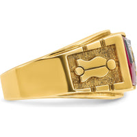 14K Two-Tone Men's Masonic Ring with Lab Created Ruby and Diamond - 0.015 Carats Diamond and 12x10mm Ruby by IBGoodman