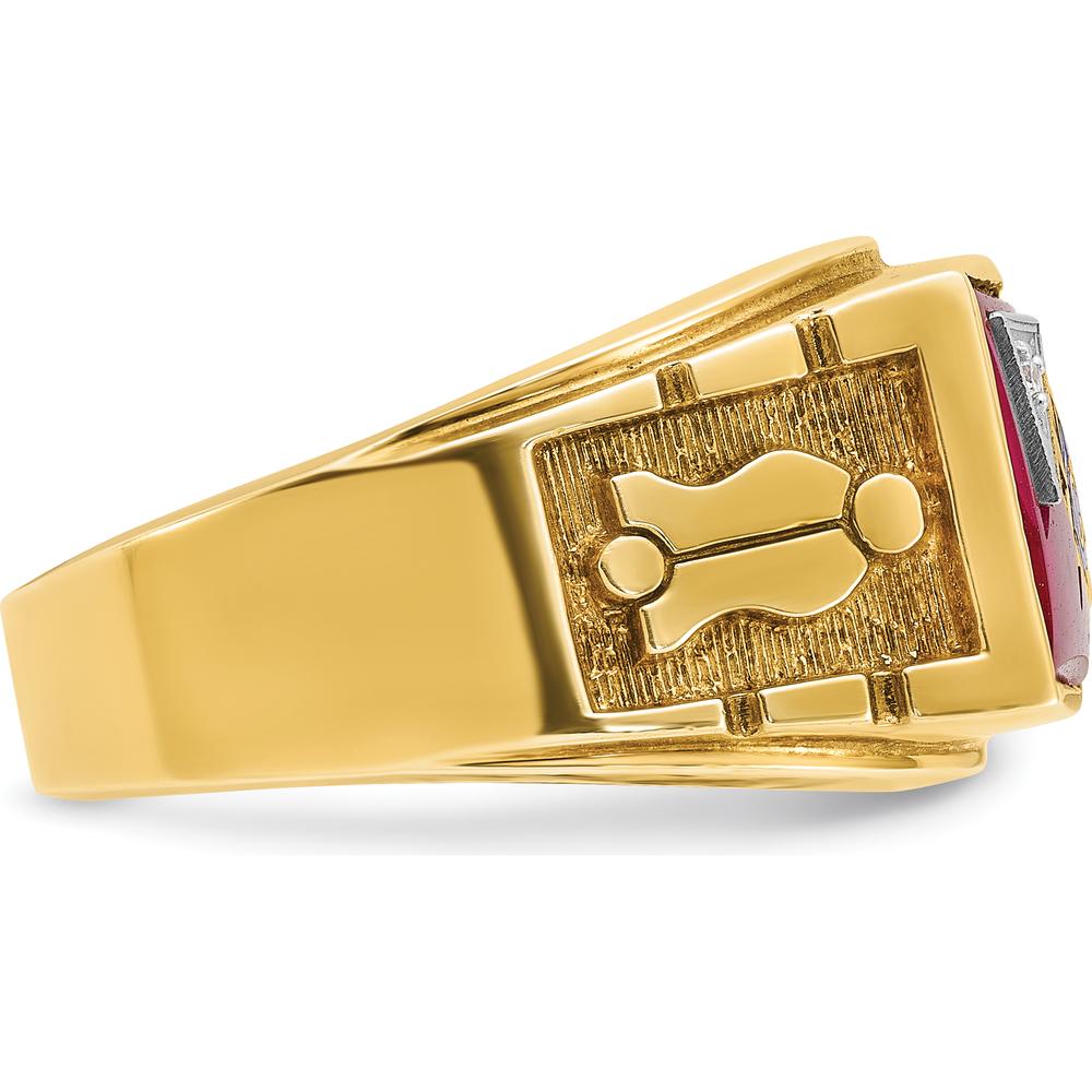 14K Two-Tone Men's Masonic Ring with Lab Created Ruby and Diamond - 0.015 Carats Diamond and 12x10mm Ruby by IBGoodman