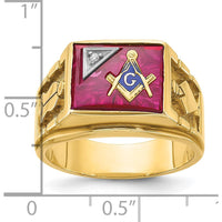 14K Two-Tone Men's Masonic Ring with Lab Created Ruby and Diamond - 0.015 Carats Diamond and 12x10mm Ruby by IBGoodman