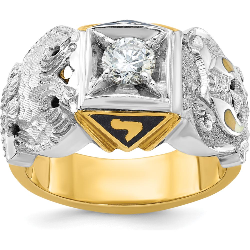 14K Two-Tone Men's Masonic Shriner's Ring with Black Enamel Double Eagle and Round Diamond - 0.50 Carat