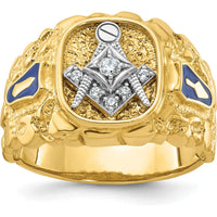 14K Two-Tone Men's Nugget Textured Masonic Ring with Round Diamonds - 0.06 Carats Total Diamond Weight by IBGoodman