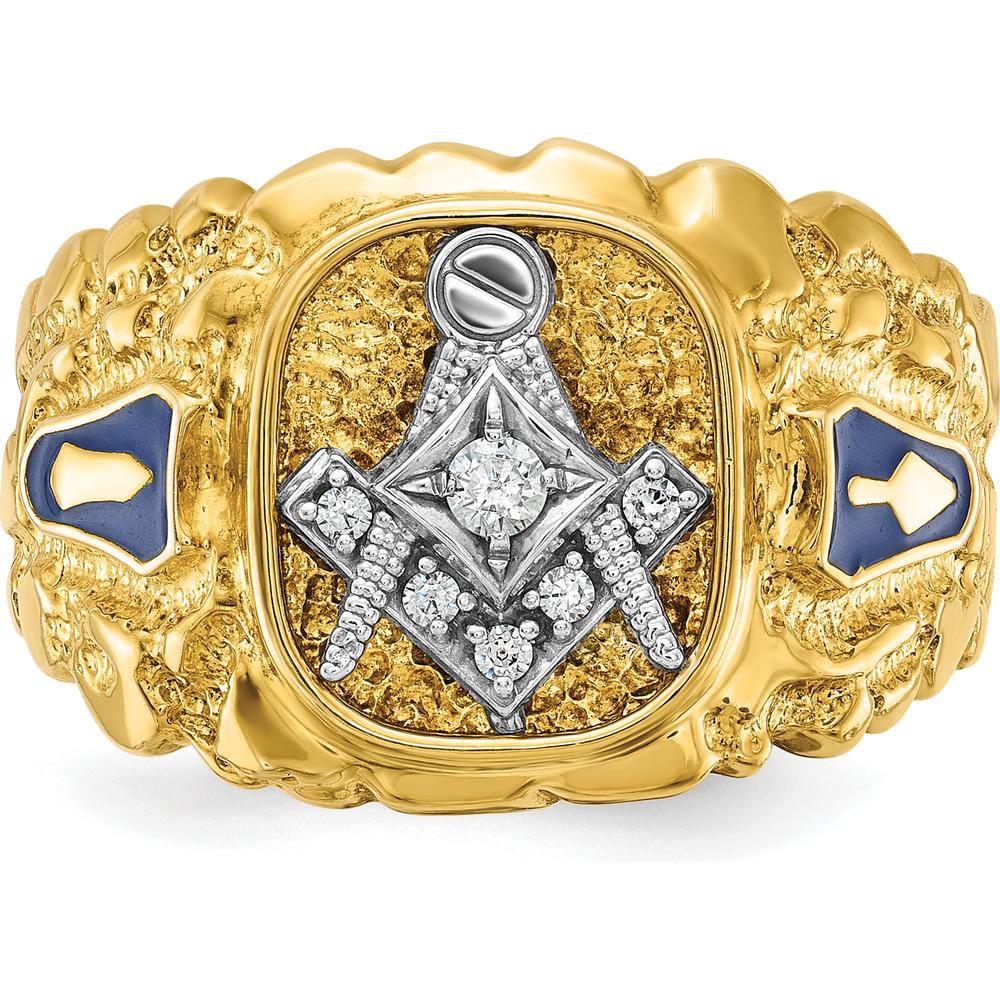 14K Two-Tone Men's Nugget Textured Masonic Ring with Round Diamonds - 0.06 Carats Total Diamond Weight by IBGoodman