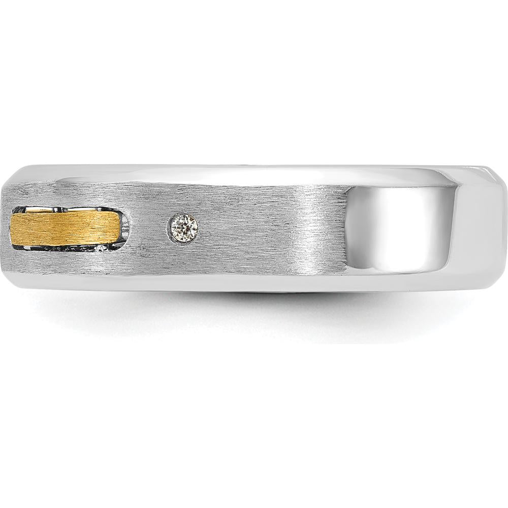 14K Two-Tone Men's Polished and Satin Band Ring with Round Diamonds - 0.01 Carats Total Diamond Weight by IBGoodman