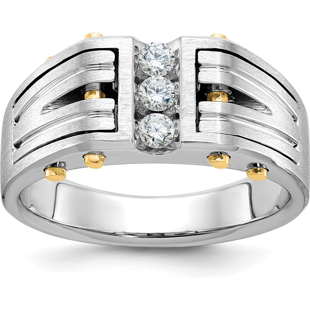 14K Two-Tone Men's Polished and Satin Diamond Ring with 3 Round Diamonds - 0.15 Carats Total Diamond Weight by IBGoodman