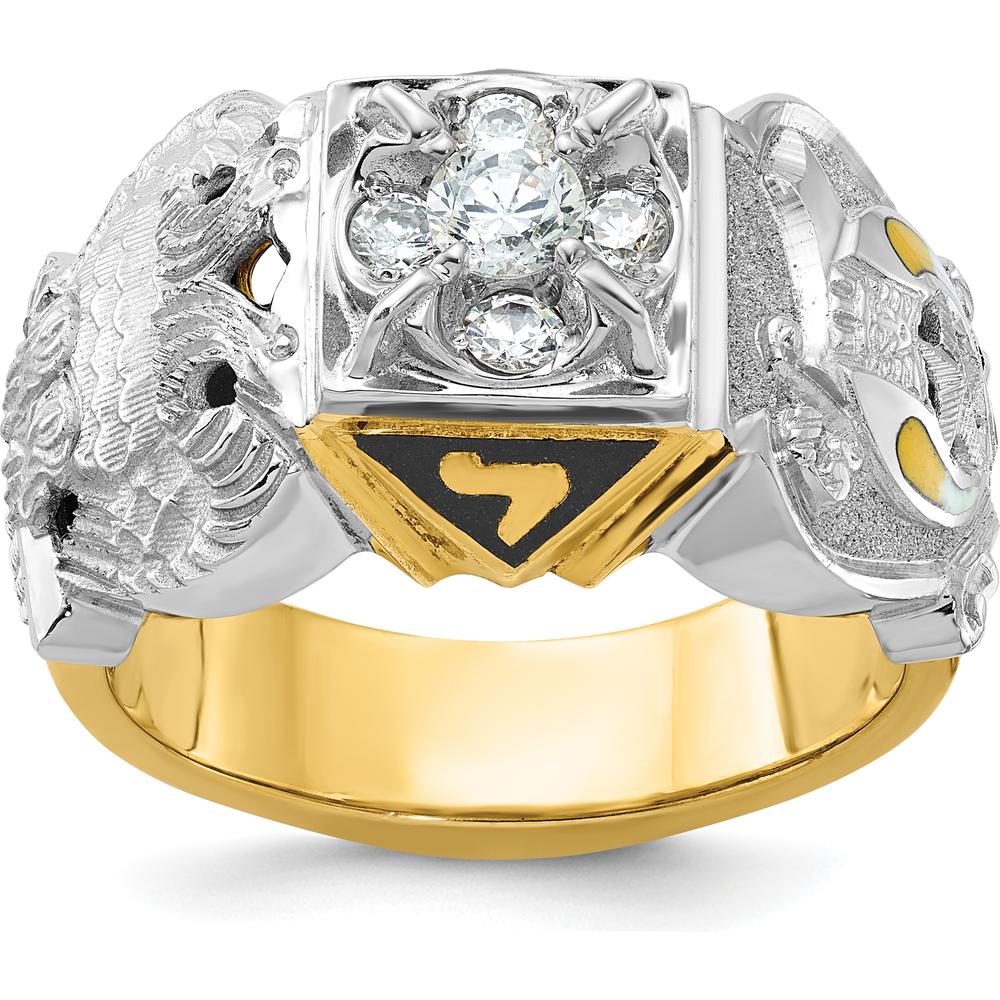14K Two-Tone Men's Polished and Textured Double Eagle Masonic Shriner's Ring with Round Diamonds - 0.30 Carat Total Diamond Weight