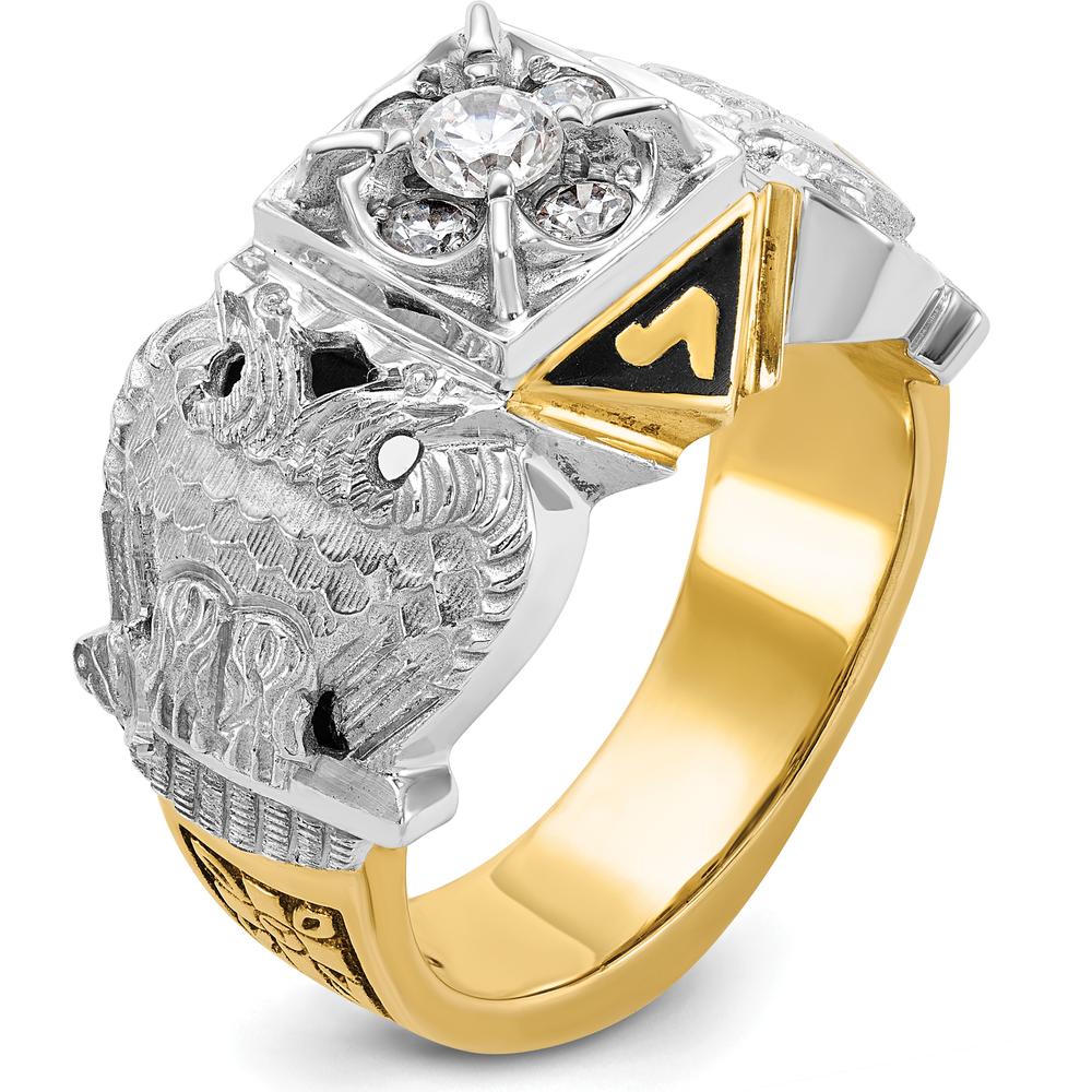 14K Two-Tone Men's Polished and Textured Double Eagle Masonic Shriner's Ring with Round Diamonds - 0.30 Carat Total Diamond Weight
