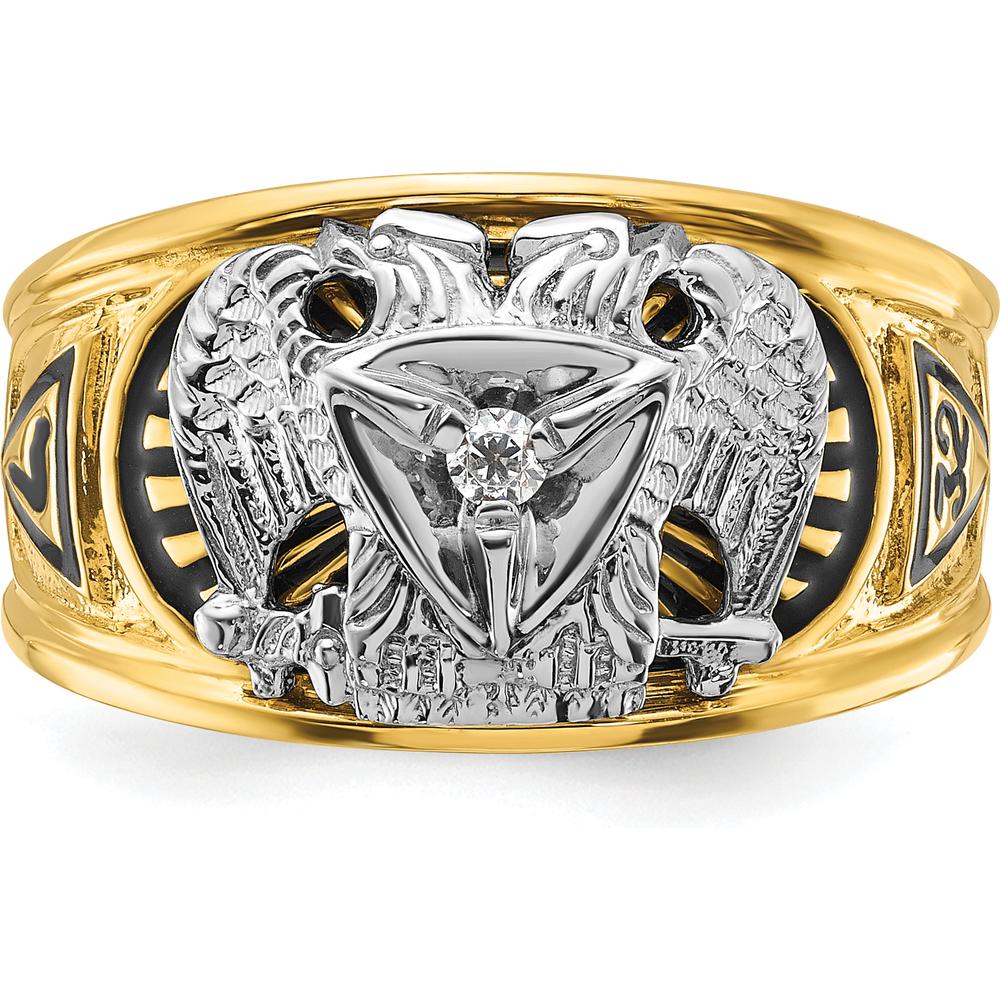 14K Two-Tone Men's Polished and Textured Masonic Ring with Round Diamond - 0.05 Carat Total Diamond Weight