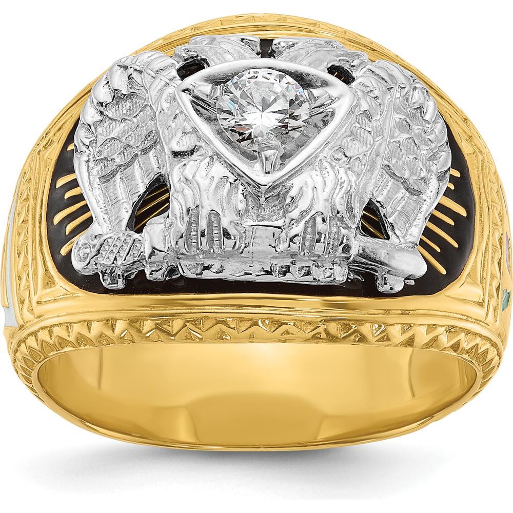 14K Two-Tone Men's Polished and Textured Masonic Ring with Round Diamond - 0.25 Carat Total Diamond Weight