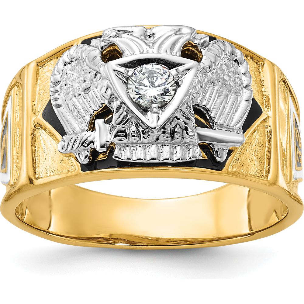 14K Two-Tone Men's Polished and Textured Scottish Rite Masonic Ring with Multi-Color Enamel and Diamond - 0.15 Carat Total Diamond Weight