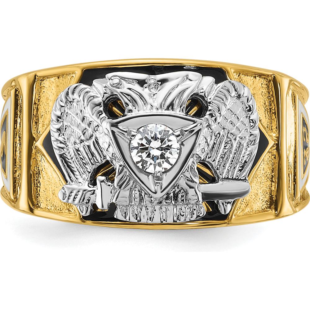 14K Two-Tone Men's Polished and Textured Scottish Rite Masonic Ring with Multi-Color Enamel and Diamond - 0.15 Carat Total Diamond Weight