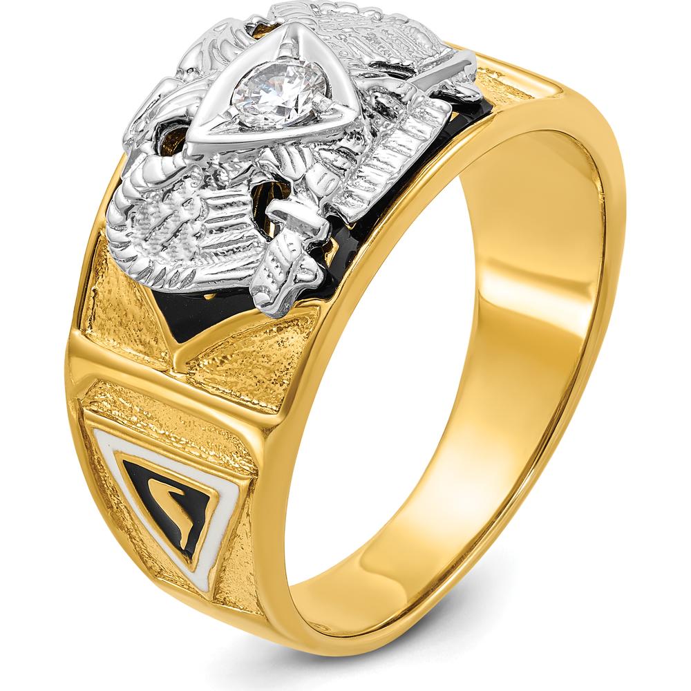 14K Two-Tone Men's Polished and Textured Scottish Rite Masonic Ring with Multi-Color Enamel and Diamond - 0.15 Carat Total Diamond Weight