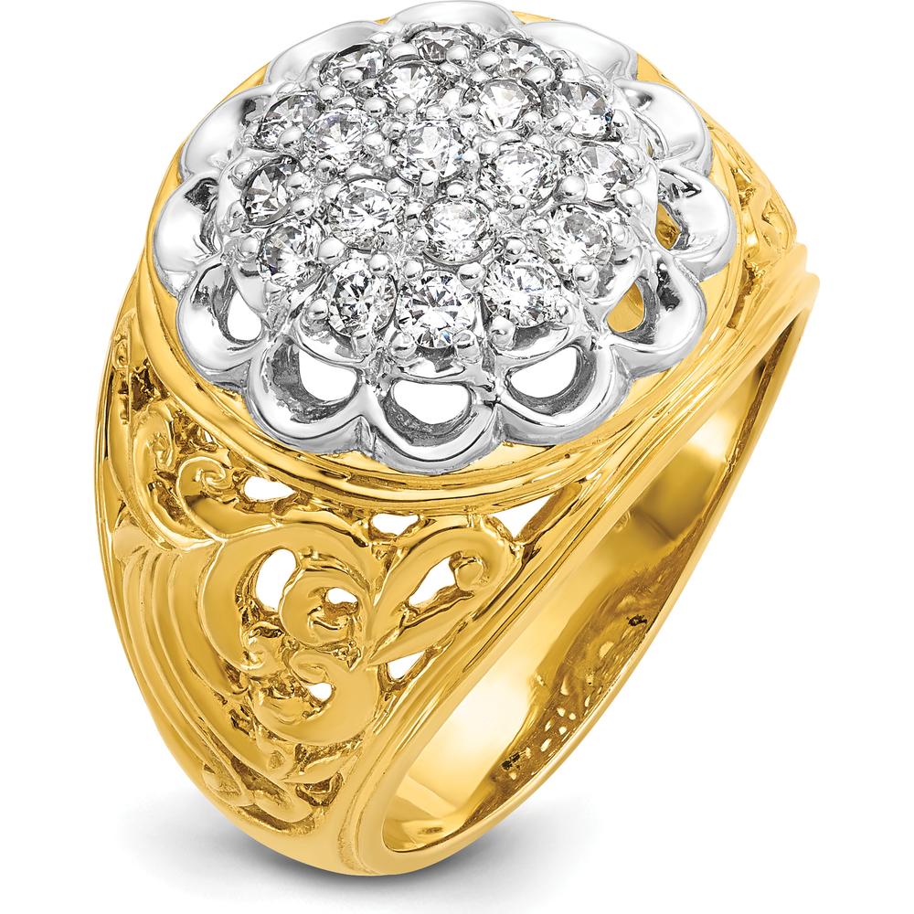 14K Two-Tone Men's Polished Filigree Round Diamond Cluster Ring - 1 Carat Total Diamond Weight