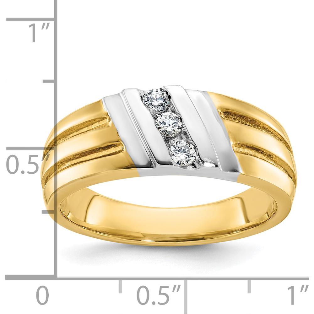 14K Two-Tone Men's Polished Grooved 3-Stone Diamond Ring with 1/5 Carat Round Diamonds - I1 Clarity G-H-I Color by IBGoodman