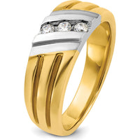 14K Two-Tone Men's Polished Grooved 3-Stone Diamond Ring with 1/5 Carat Round Diamonds - I1 Clarity G-H-I Color by IBGoodman