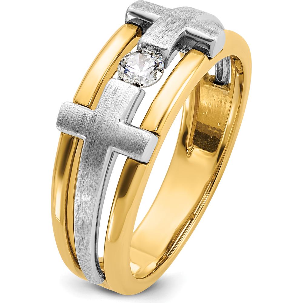 14K Two-Tone Men's Polished Satin and Cut-Out Diamond Cross Ring - 1/5 Carat Diamond by IBGoodman