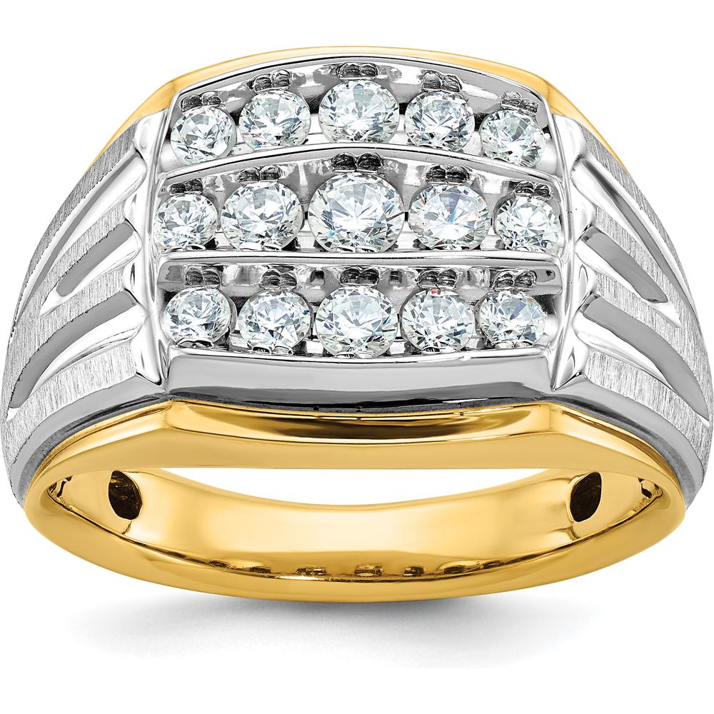 14K Two-Tone Men's Polished Satin and Grooved 3-Row 1 Carat AA Quality Diamond Ring by IBGoodman