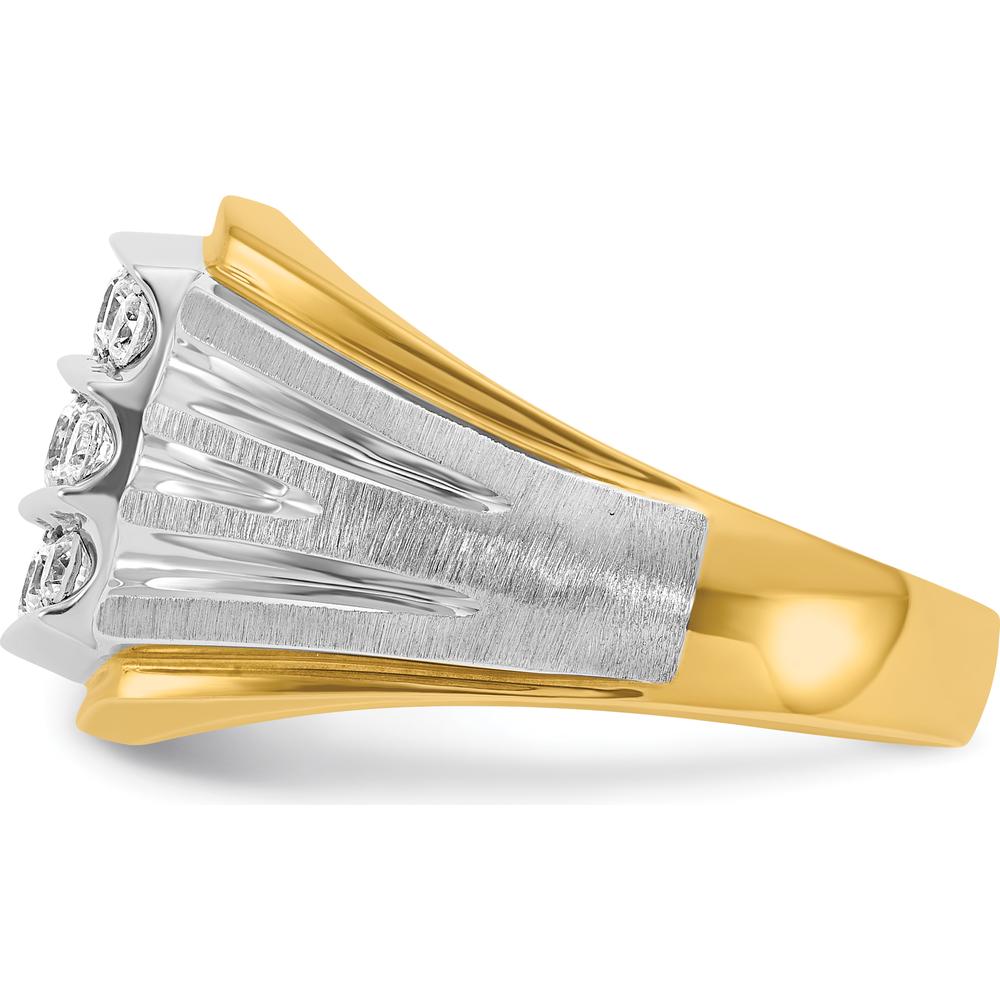14K Two-Tone Men's Polished Satin and Grooved 3-Row 1 Carat AA Quality Diamond Ring by IBGoodman