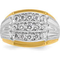 14K Two-Tone Men's Polished Satin and Grooved 3-Row 1 Carat AA Quality Diamond Ring by IBGoodman