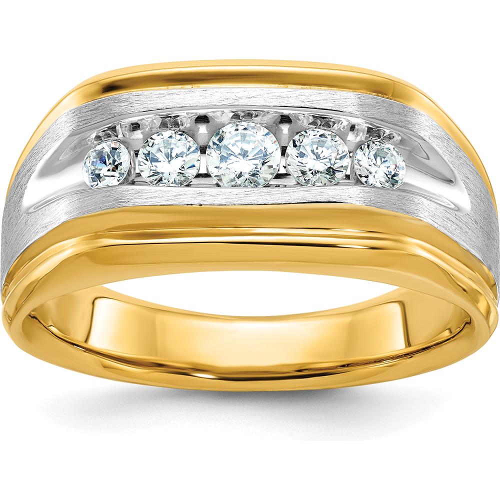 14K Two-Tone Men's Polished Satin and Grooved 5-Stone Diamond Ring - 1/2 Carat Total Diamond Weight by IBGoodman