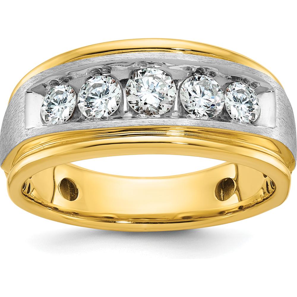 14K Two-Tone Men's Polished Satin and Grooved 5-Stone Diamond Ring - 1 Carat Total Diamond Weight by IBGoodman