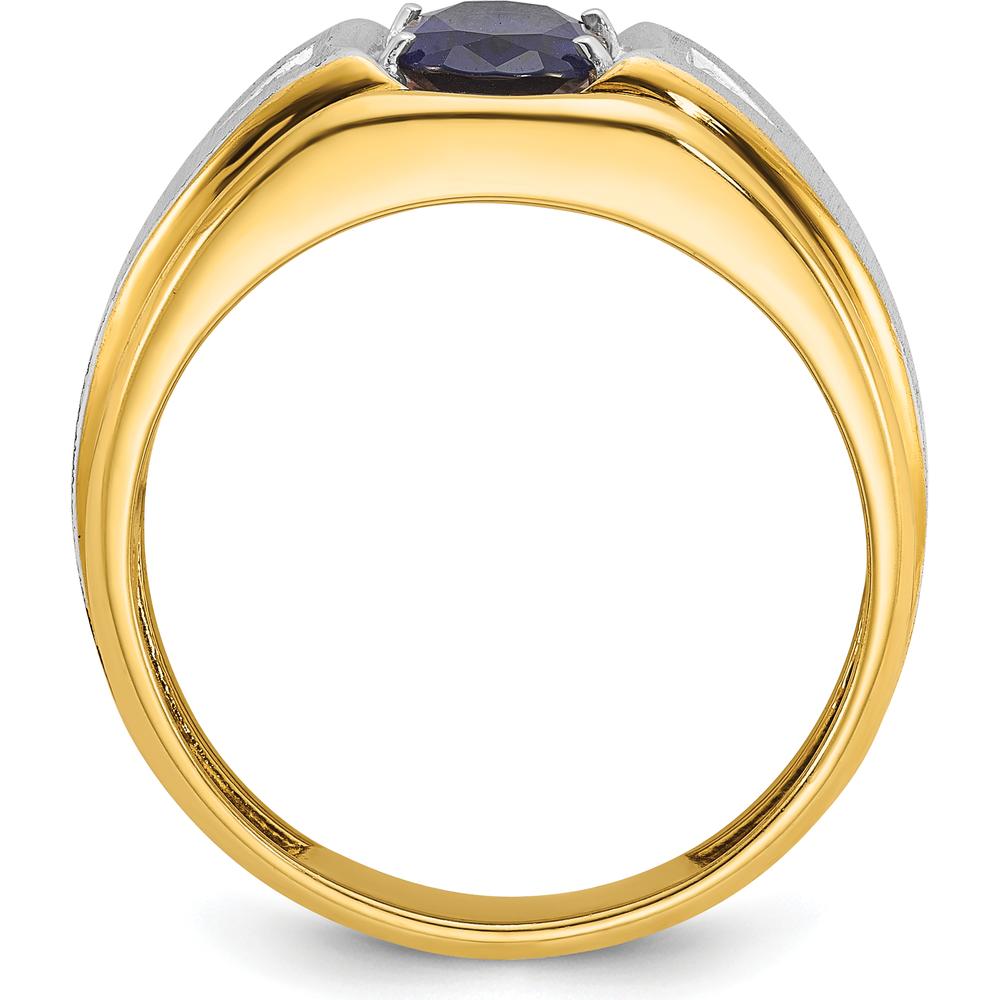 14K Two-Tone Men's Polished Satin and Grooved Lab Created Sapphire and AA Quality Diamond Ring - 0.03 Carats Total Diamond Weight by IBGoodman