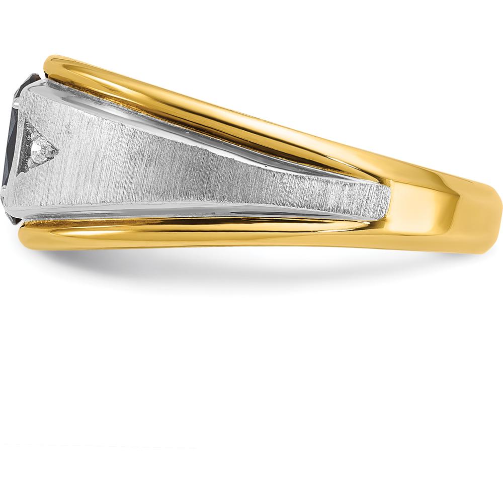14K Two-Tone Men's Polished Satin and Grooved Lab Created Sapphire and AA Quality Diamond Ring - 0.03 Carats Total Diamond Weight by IBGoodman