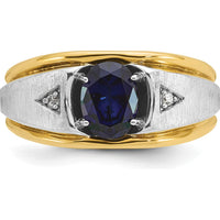 14K Two-Tone Men's Polished Satin and Grooved Lab Created Sapphire and AA Quality Diamond Ring - 0.03 Carats Total Diamond Weight by IBGoodman