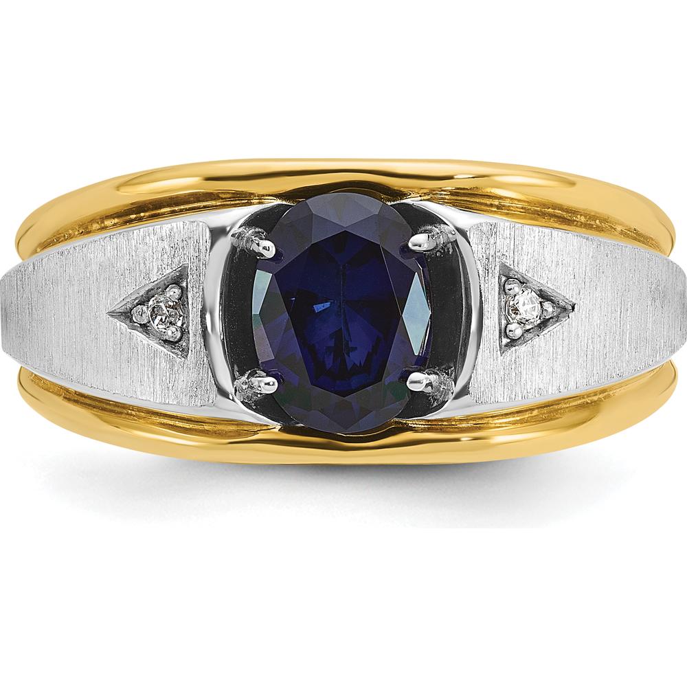 14K Two-Tone Men's Polished Satin and Grooved Lab Created Sapphire and AA Quality Diamond Ring - 0.03 Carats Total Diamond Weight by IBGoodman