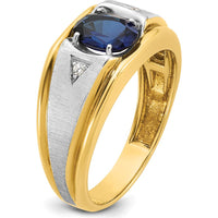 14K Two-Tone Men's Polished Satin and Grooved Lab Created Sapphire and AA Quality Diamond Ring - 0.03 Carats Total Diamond Weight by IBGoodman