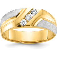 14K Two-Tone Men's Polished Satin Grooved 3-Stone Diamond Ring - 0.09 Carats Total Diamond Weight by IBGoodman