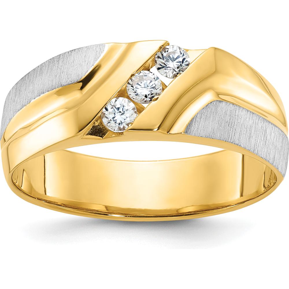 14K Two-Tone Men's Polished Satin Grooved 3-Stone Diamond Ring - 0.09 Carats Total Diamond Weight by IBGoodman