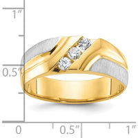 14K Two-Tone Men's Polished Satin Grooved 3-Stone Diamond Ring - 0.09 Carats Total Diamond Weight by IBGoodman