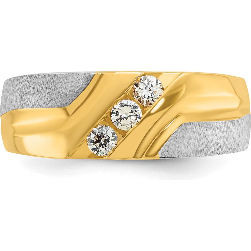 14K Two-Tone Men's Polished Satin Grooved 3-Stone Diamond Ring - 0.09 Carats Total Diamond Weight by IBGoodman