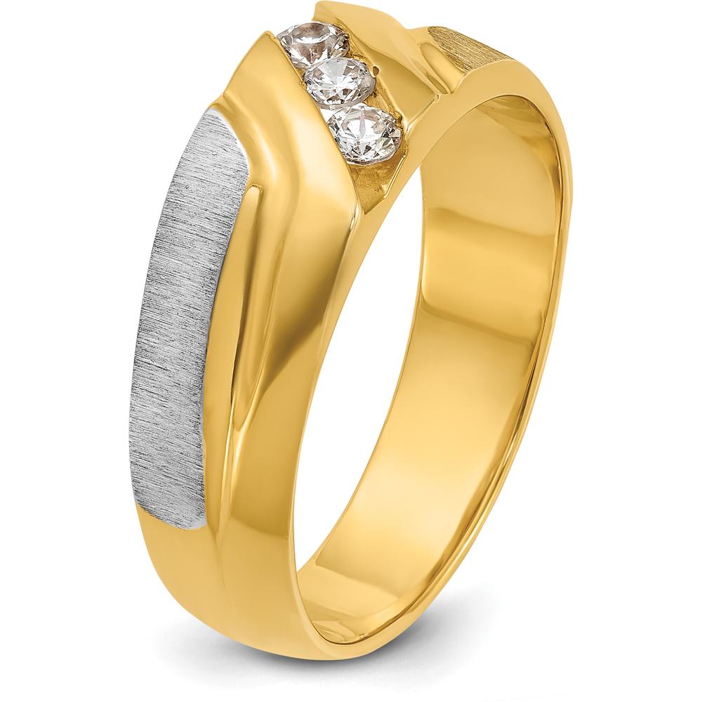 14K Two-Tone Men's Polished Satin Grooved 3-Stone Diamond Ring - 0.09 Carats Total Diamond Weight by IBGoodman