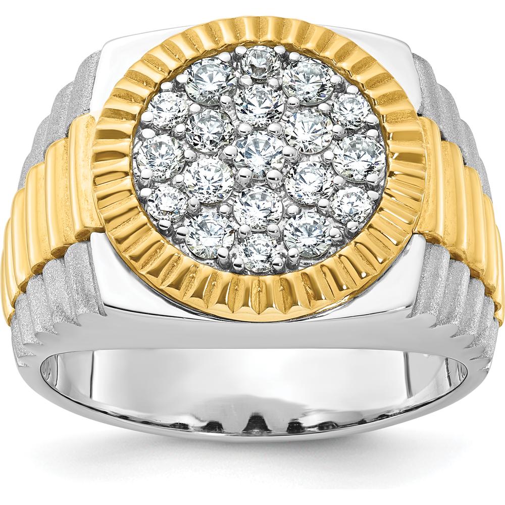 14K Two-Tone Men's Polished Satin Ribbed Round Cluster Ring with Diamonds - 0.75 Carats Total Diamond Weight by IBGoodman