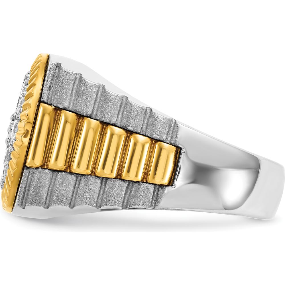 14K Two-Tone Men's Polished Satin Ribbed Round Cluster Ring with Diamonds - 0.75 Carats Total Diamond Weight by IBGoodman