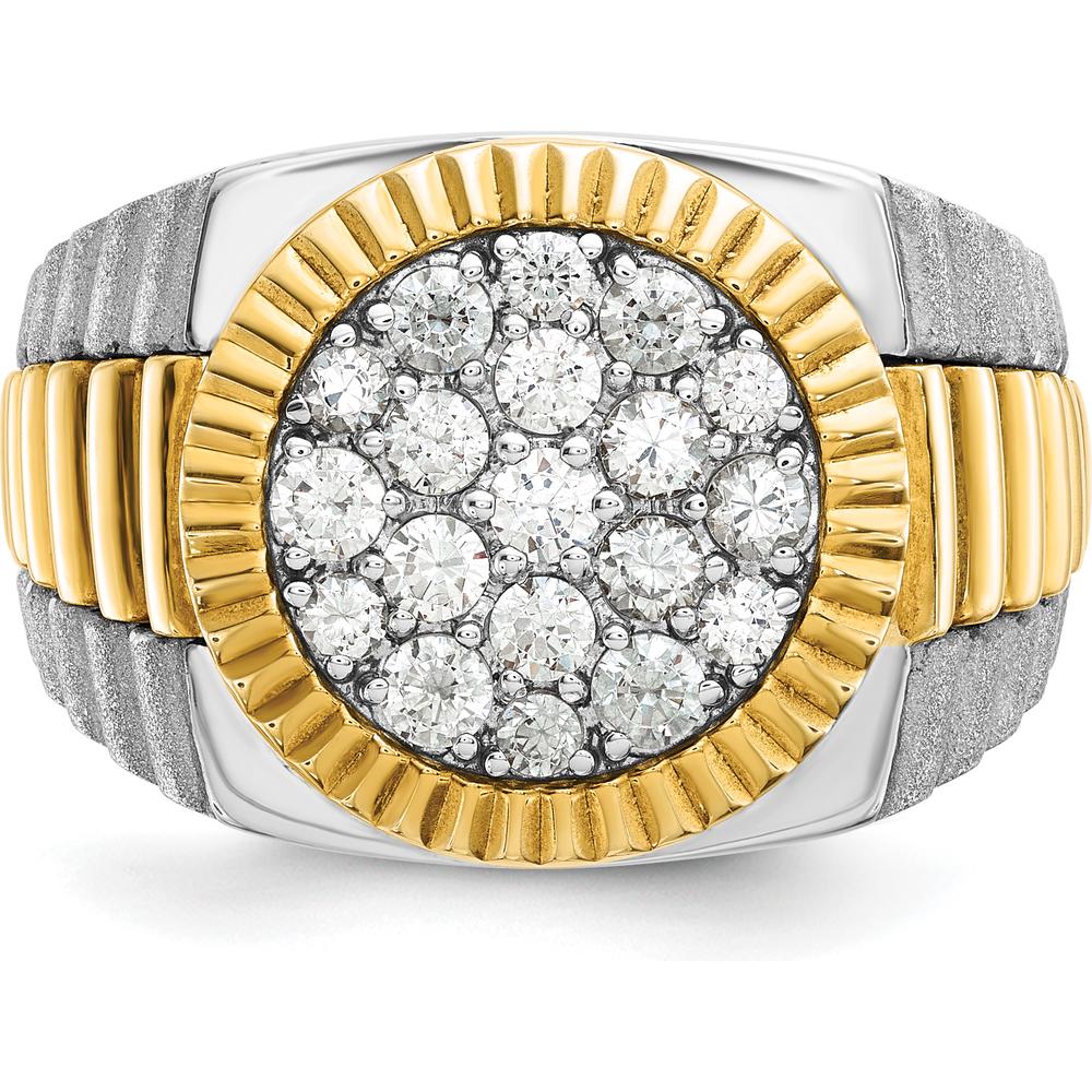 14K Two-Tone Men's Polished Satin Ribbed Round Cluster Ring with Diamonds - 0.75 Carats Total Diamond Weight by IBGoodman