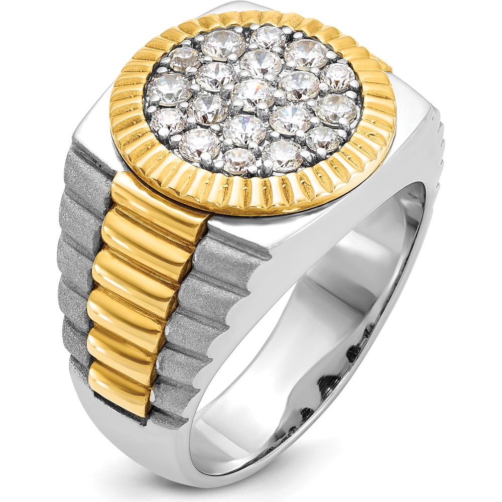 14K Two-Tone Men's Polished Satin Ribbed Round Cluster Ring with Diamonds - 0.75 Carats Total Diamond Weight by IBGoodman