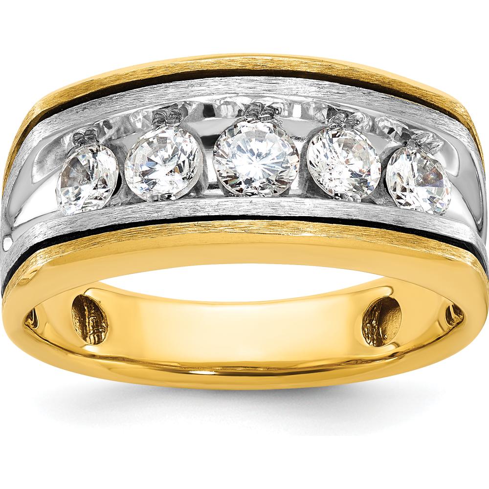 14K Two-Tone Men's Ring with 5 Round Diamonds - Polished Satin Grooved Design by IBGoodman