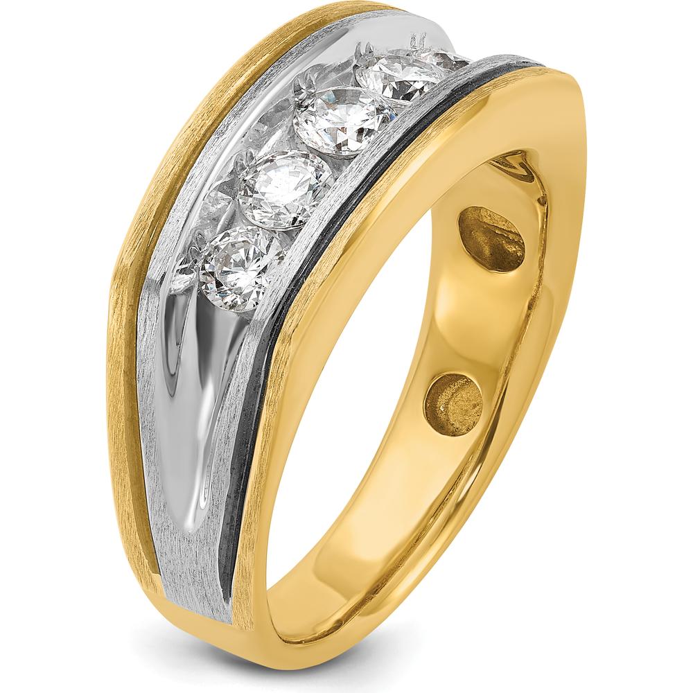 14K Two-Tone Men's Ring with 5 Round Diamonds - Polished Satin Grooved Design by IBGoodman