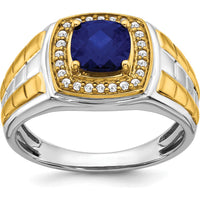14K Two-Tone Men's Ring with 7mm Cushion-Cut Created Sapphire and 24 Round Diamonds - 1.86 Carat Total Gem Weight by 0