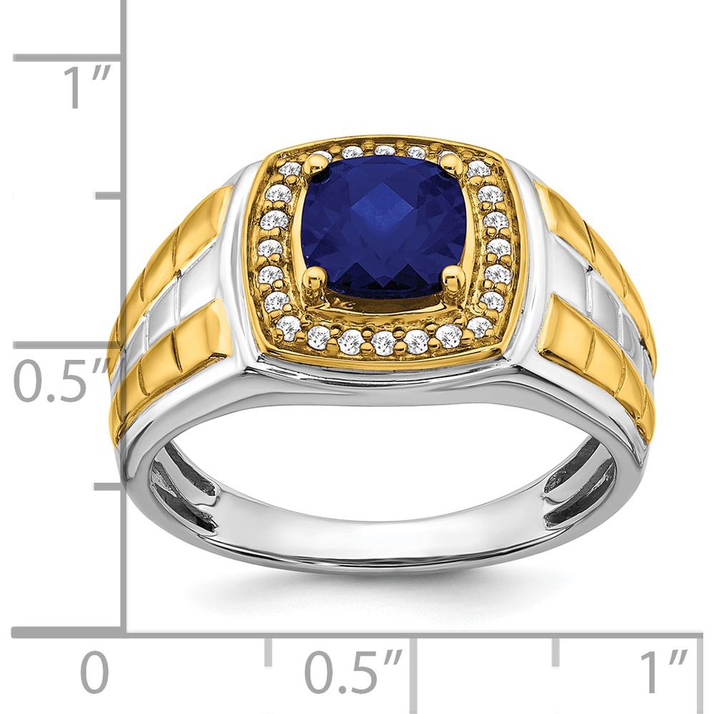 14K Two-Tone Men's Ring with 7mm Cushion-Cut Created Sapphire and 24 Round Diamonds - 1.86 Carat Total Gem Weight by 0